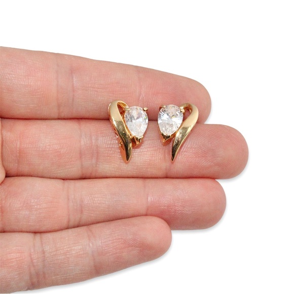 Estate Cubic Zirconia Teardrop Stud Earrings Gold Plated Half Heart Pear Crystal - Picture 2 of 3